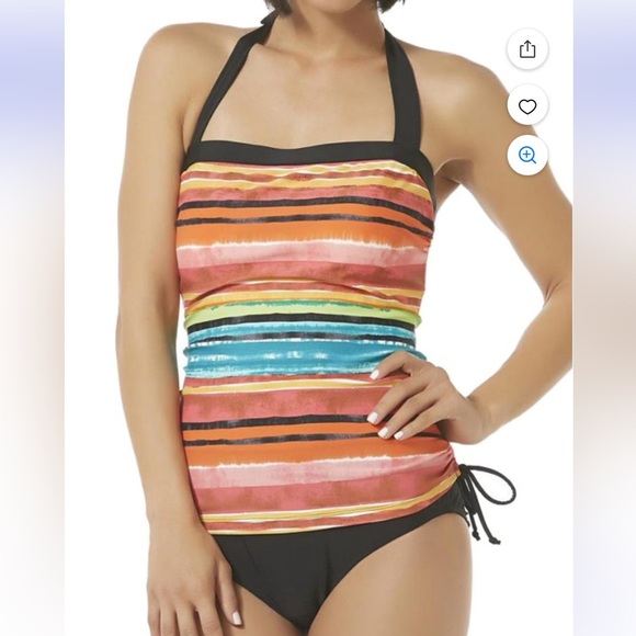 NWT Tropical Escape 1 Piece Swimsuit 16 Rainbow Stripes & Black Ruched Tankini - Picture 1 of 12